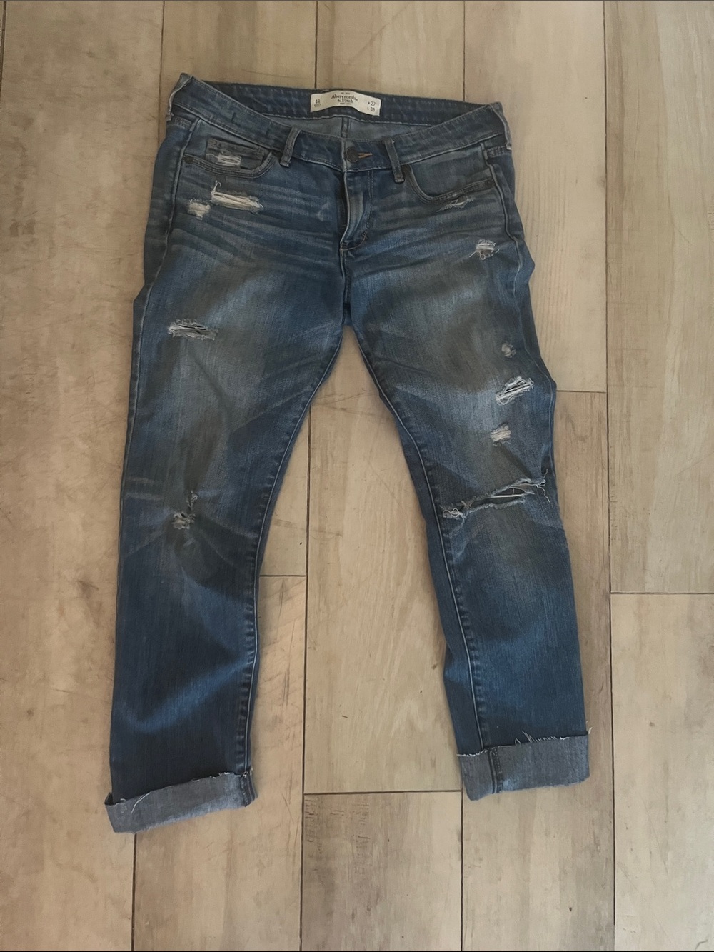 Abercrombie & Fitch Distressed Boyfriend Jeans in Dark Blue